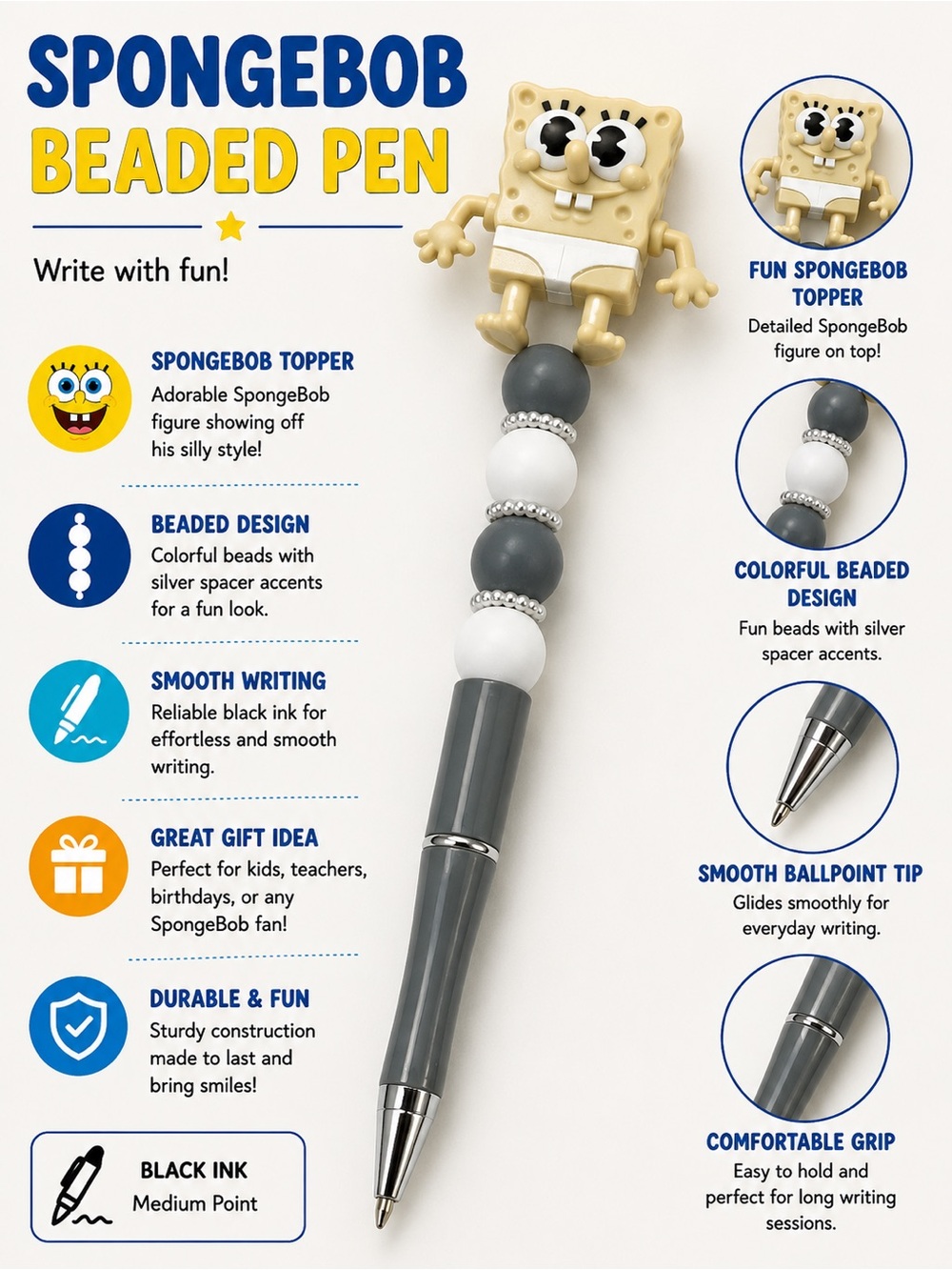 SpongeBob Squarepants Gray and White Beaded Desk Pen